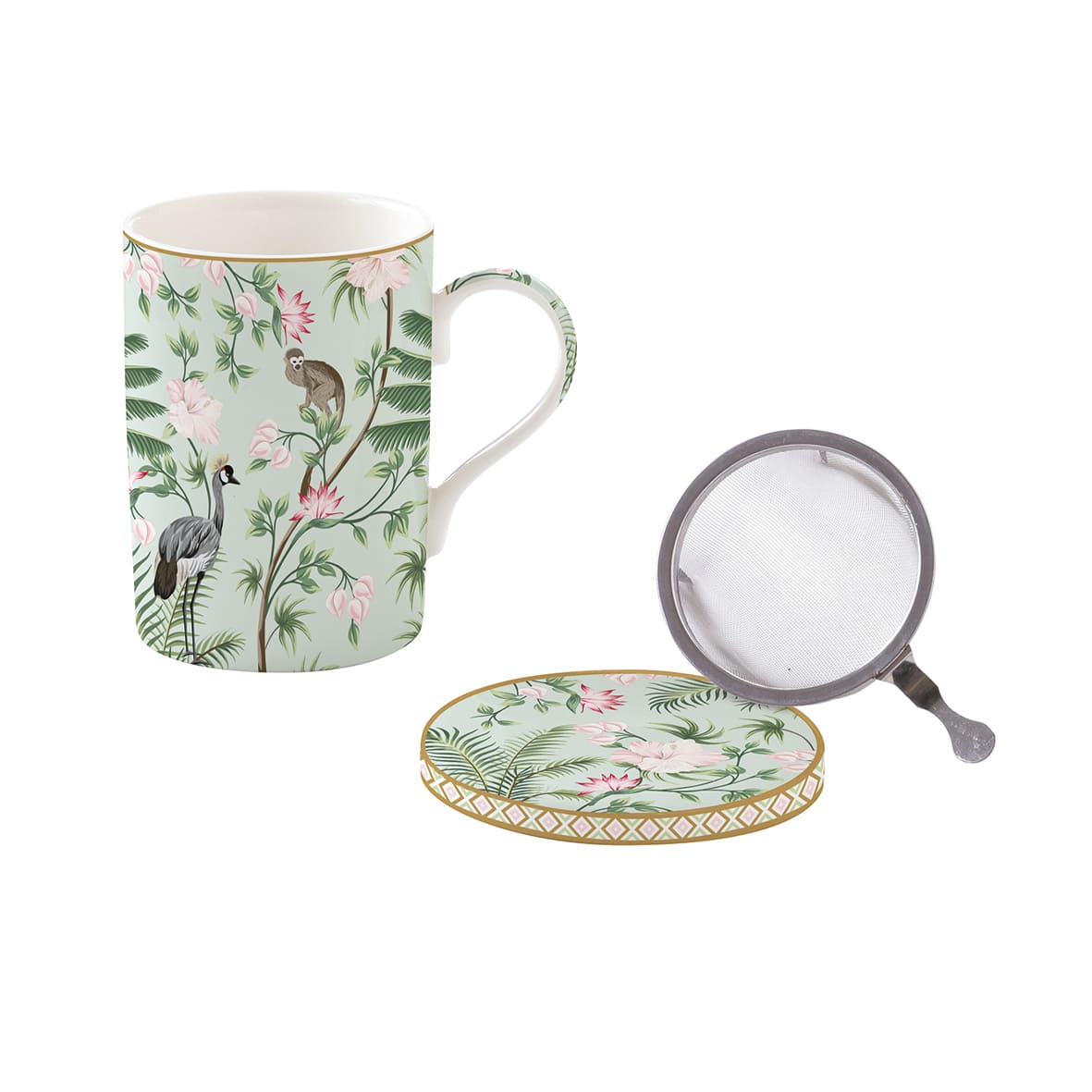 Fine China mug 350 ml with lid and metal infuser WILD TROPICAL