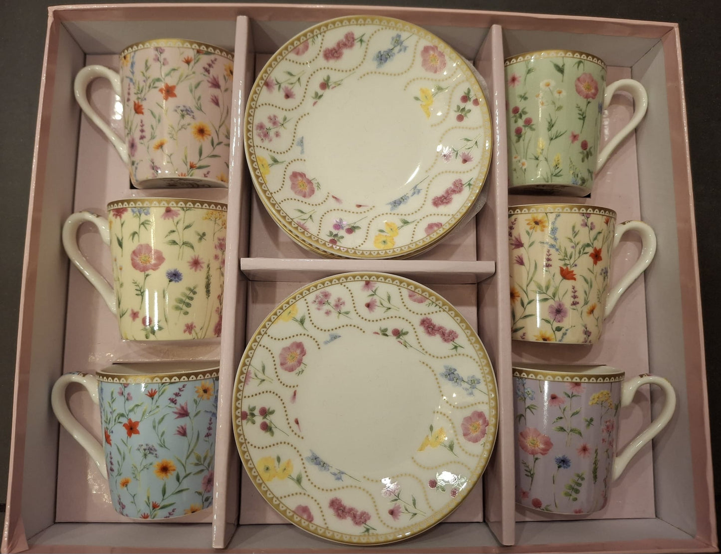 Set of 6 coffee porcelain cups with saucer / Gift box Meadow flower