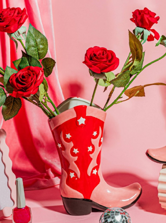 Cowboy Boot Pink & Red Vase