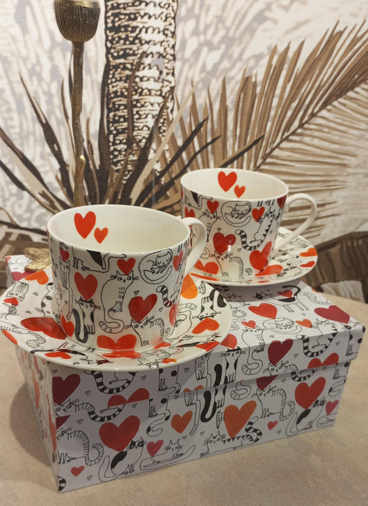 Cat’s World - HEARTS ( 2 teacup + saucers)