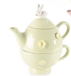 Ceramic teapot and cup with flower and rabbit decorations Green