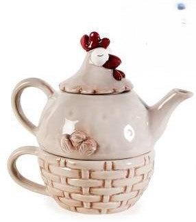 Ceramic teapot and cup set with hen decorations in relief  light brown