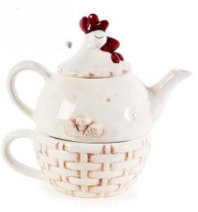 Ceramic teapot and cup set with hen decorations in relief White