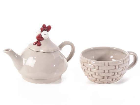 Ceramic teapot and cup set with hen decorations in relief  light brown