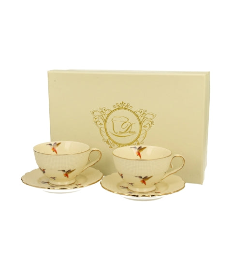 ECRU 2 espresso cups with saucers HUMMINGBIRD