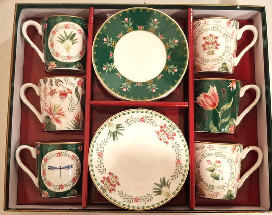 Set of 6 coffee porcelain cups with saucer / Gift box BOTANIC CHIC