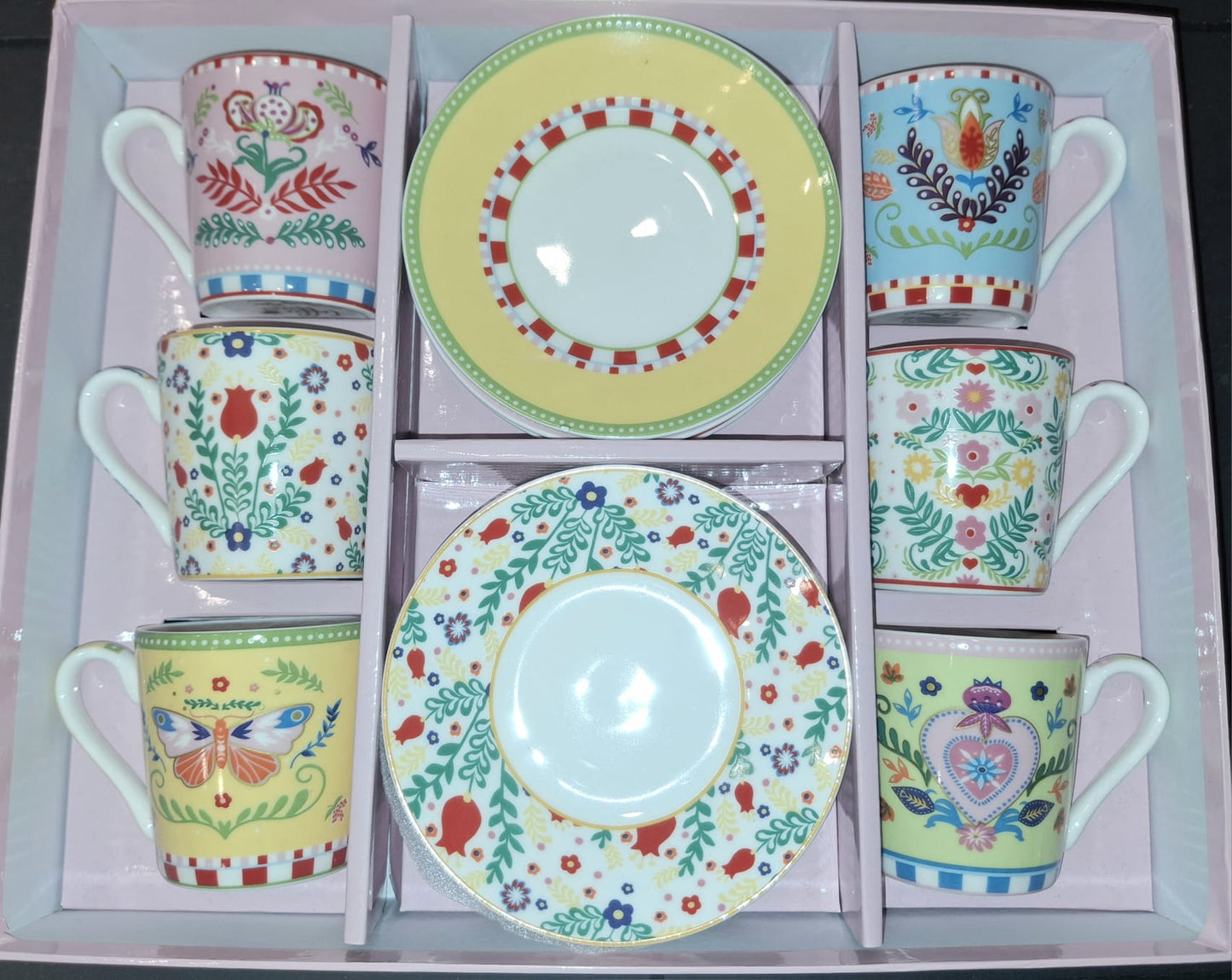 Set of 6 coffee porcelain cups with saucer / Gift box SPRING FOLK