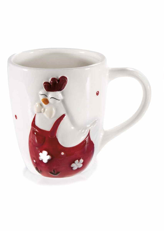 Glossy Ceramic Mug with Embossed Hen Red