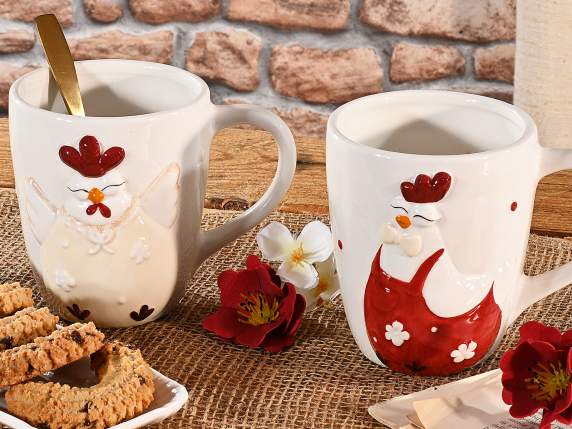 Glossy Ceramic Mug with Embossed Hen Red